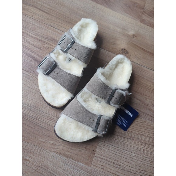 Birkenstock Arizona Stone Grey Fur Shearling Suede Sandals - Picture 2 of 14